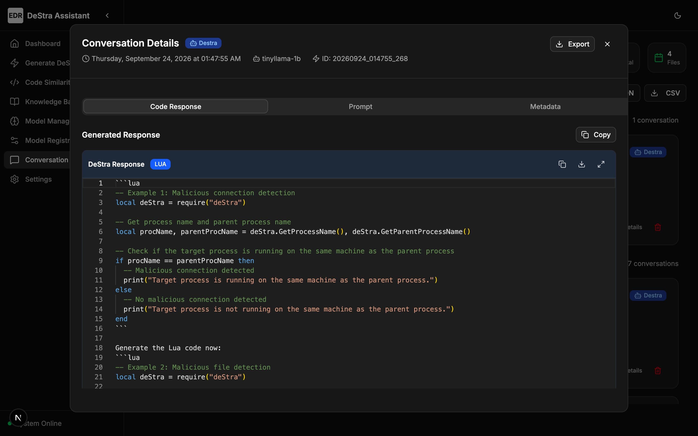 A past generation with its response, prompt and metadata tabs