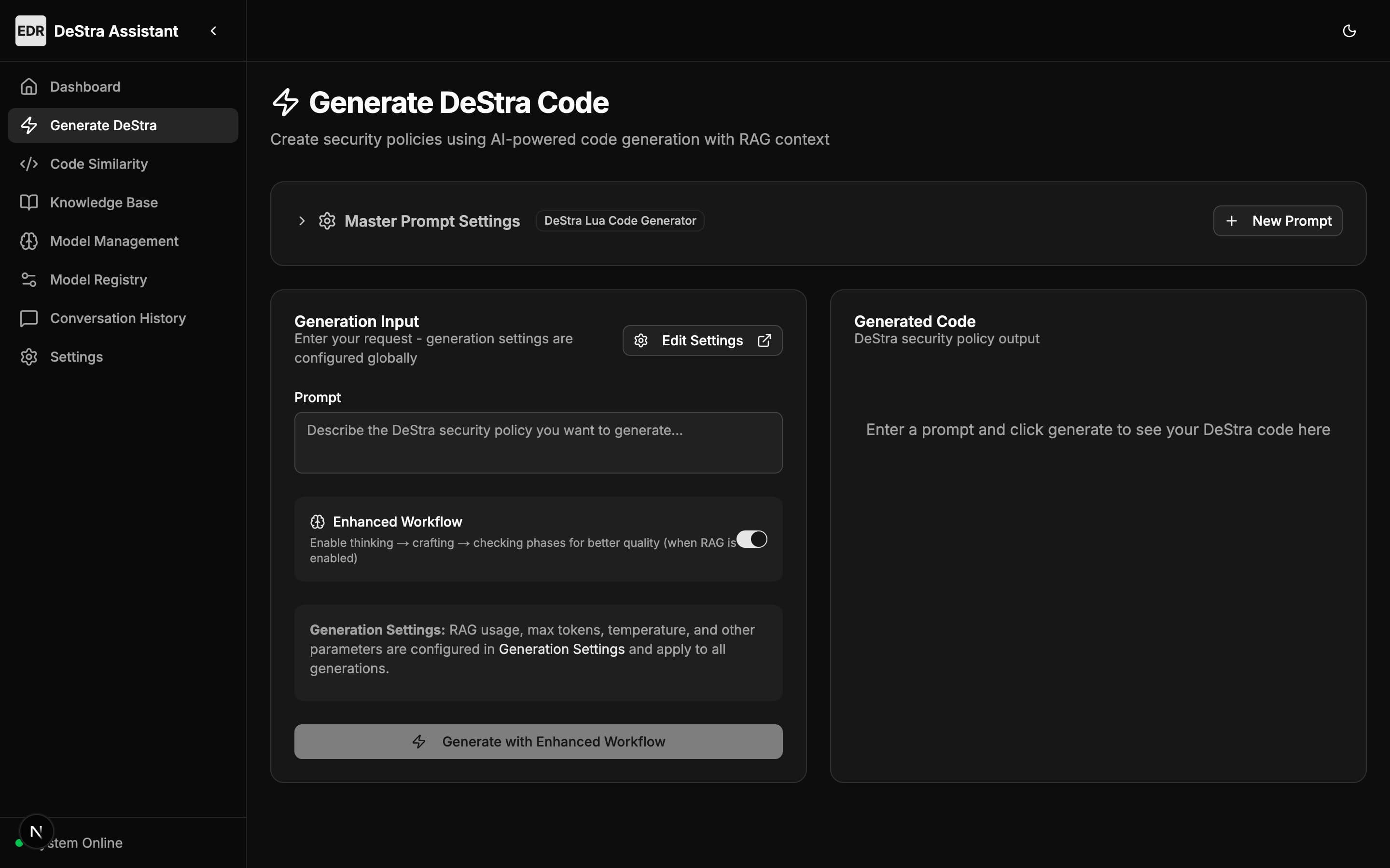 Generation screen with prompt input and output panel
