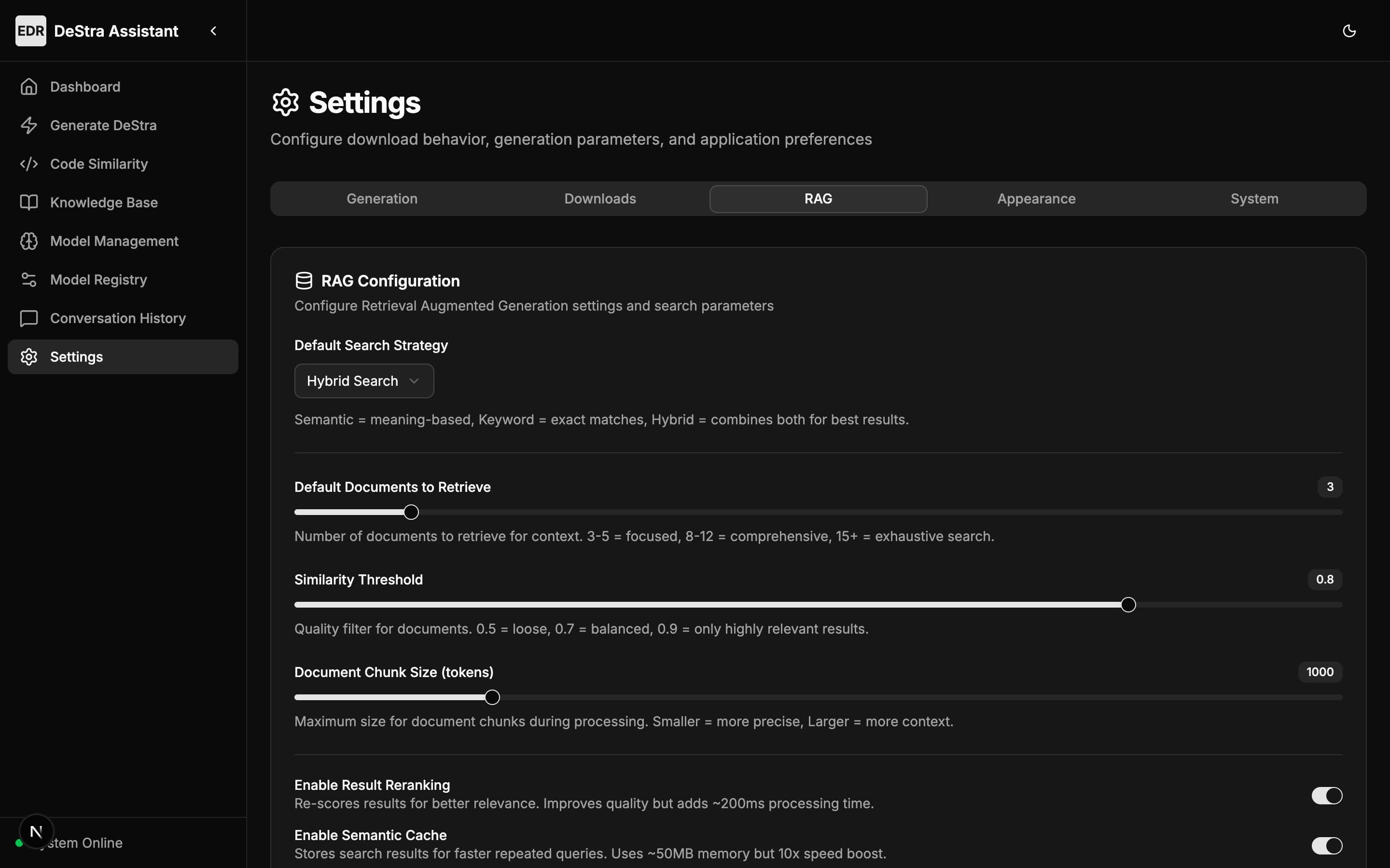 RAG settings: search strategy, retrieval depth, relevance threshold, re-ranking