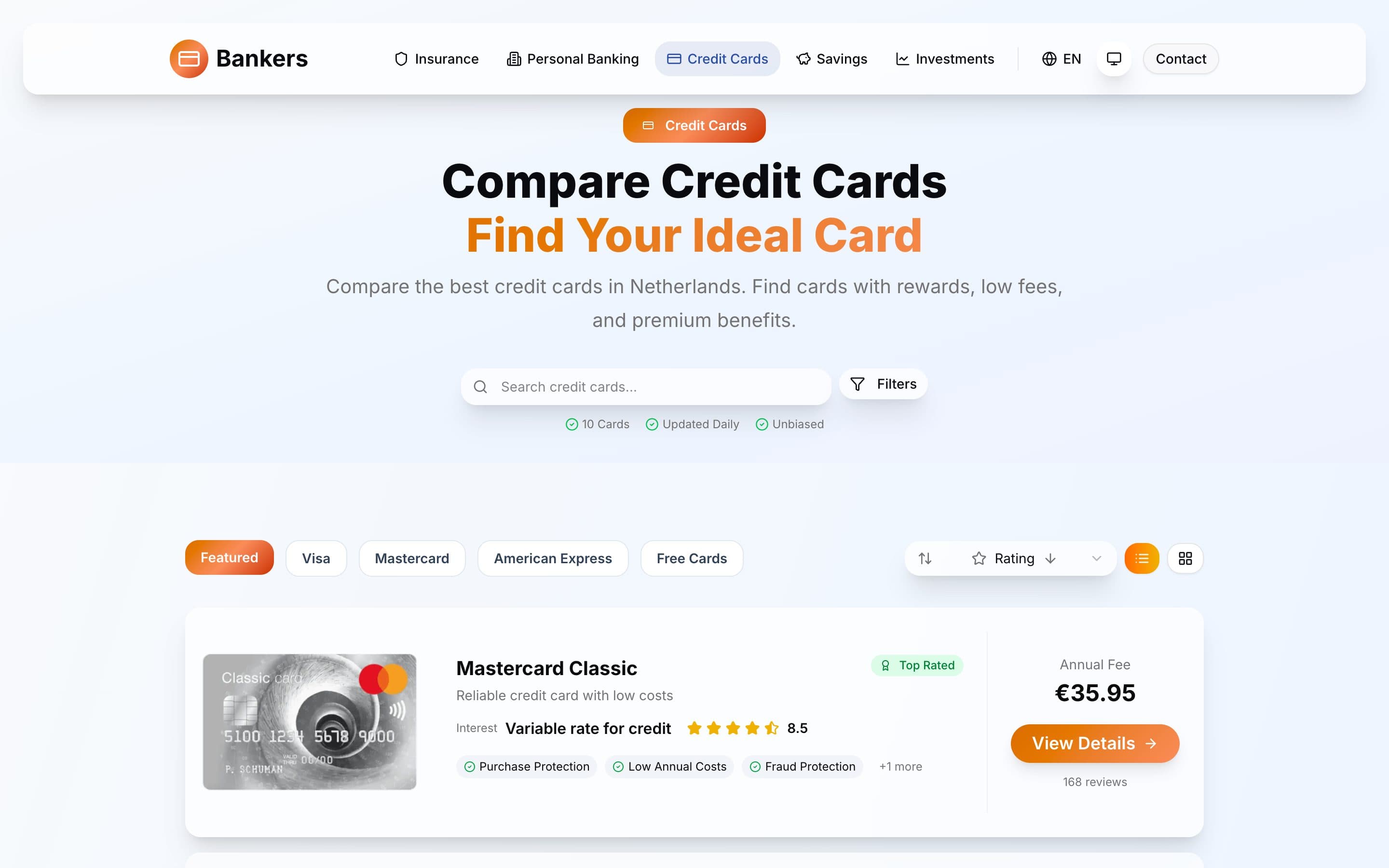 Credit card category page with search, filters, sorting and product rows