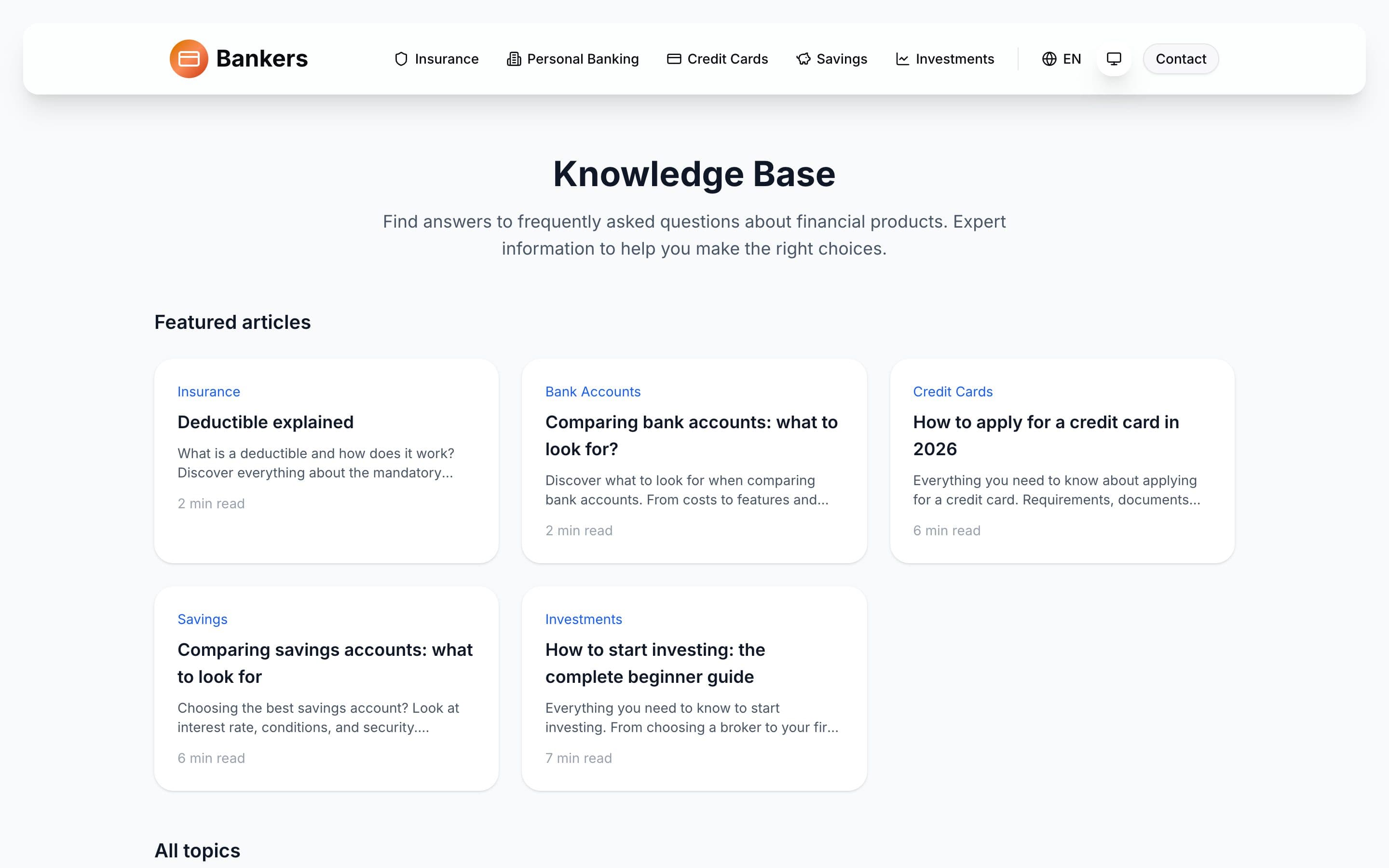 Knowledge base with featured articles per category