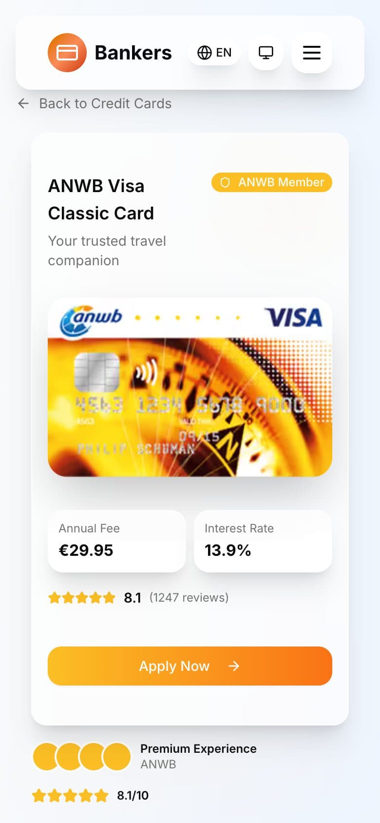 ANWB Visa Classic product page on a phone