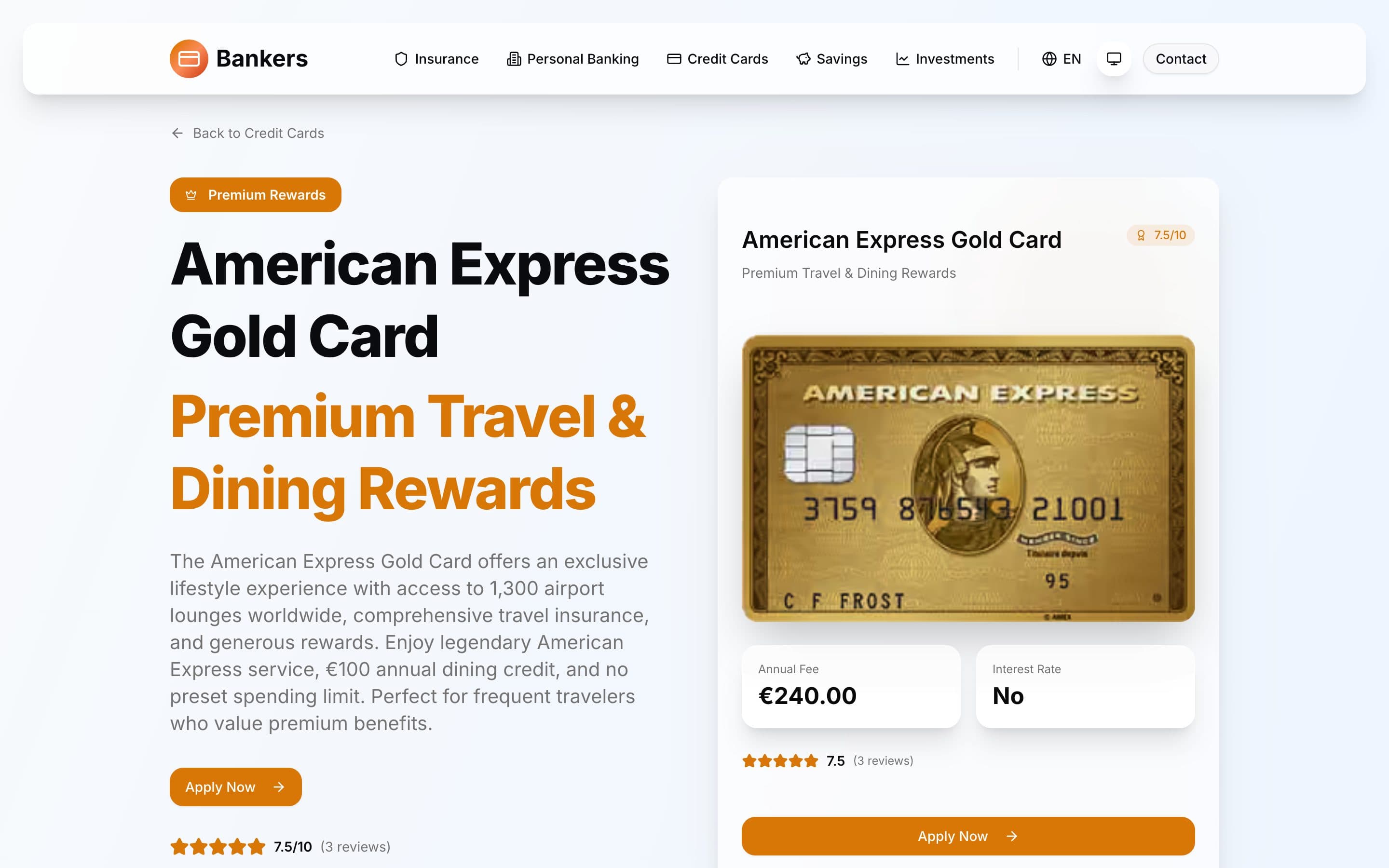 American Express Gold Card product page in gold