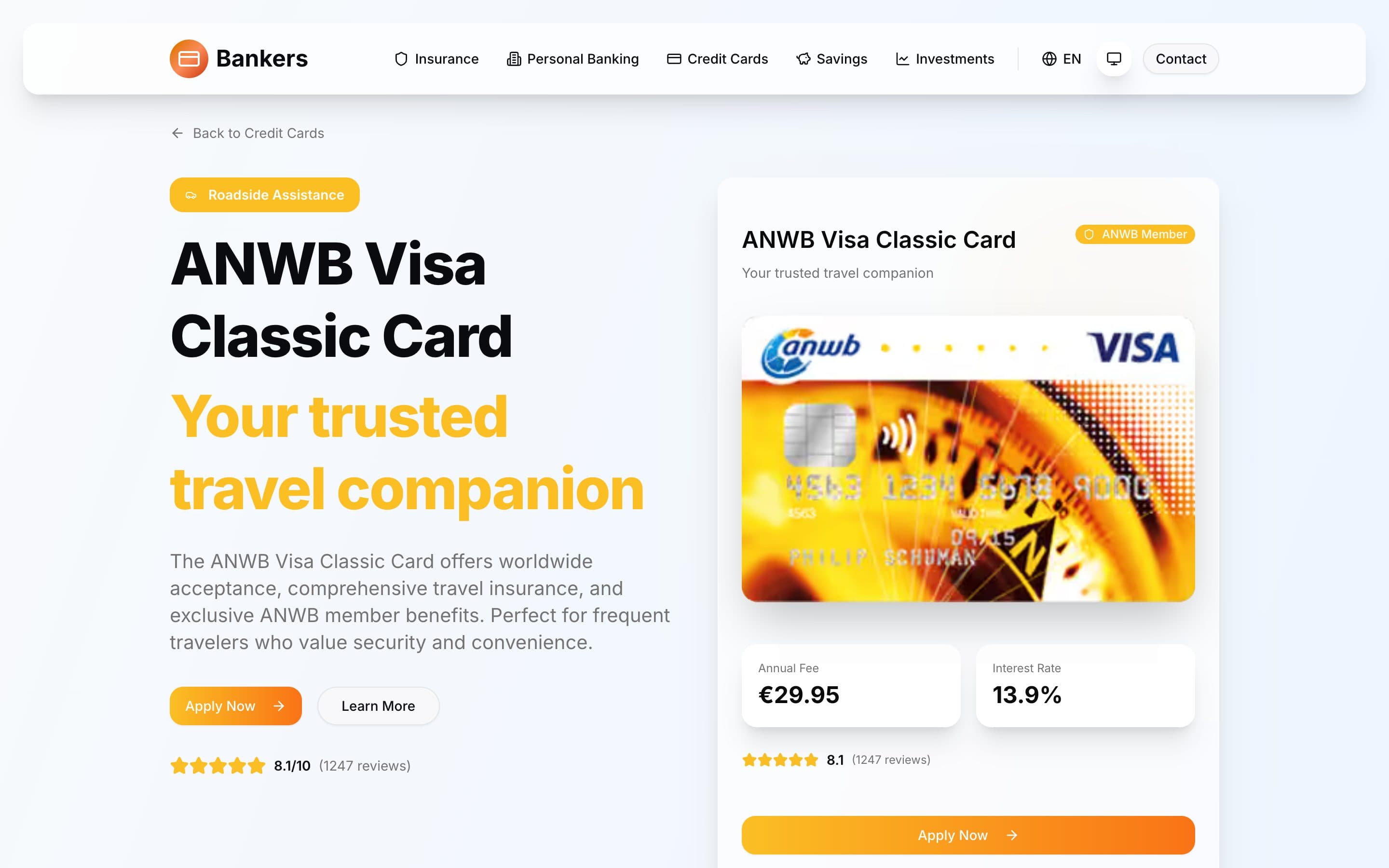 ANWB Visa Classic Card product page in yellow